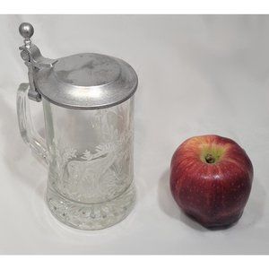Vintage Glass Beer Stein  Pewter Lid Deer Design By Domex 95% Zinn